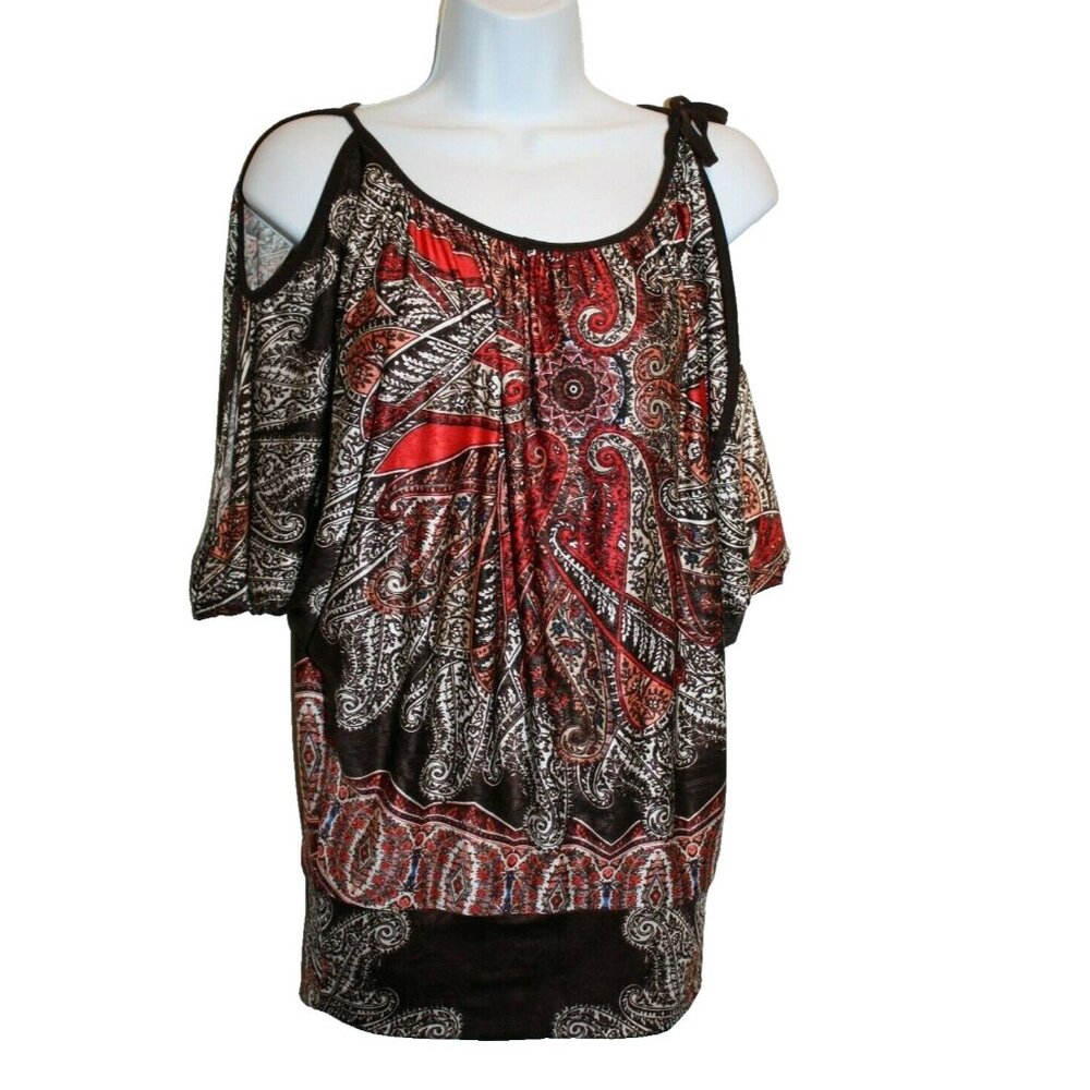 Mesmerize Women's Top Shirt Open Shoulder Brown Paisley Orange Red Silky Size XS